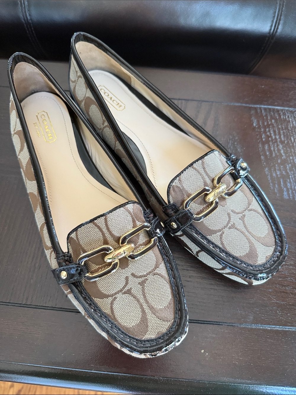 Coach Women's Signature Canvas Brown Loafers with Gold Hardware, NWT